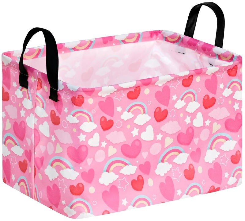 FUULOXE Rectangular Valentines Basket Storage Bin for Shelves Girls Gifts Baskets Foldable Box with Handles for Home Office Car Dormroom Valentine's Day Party Supplies - Image 1